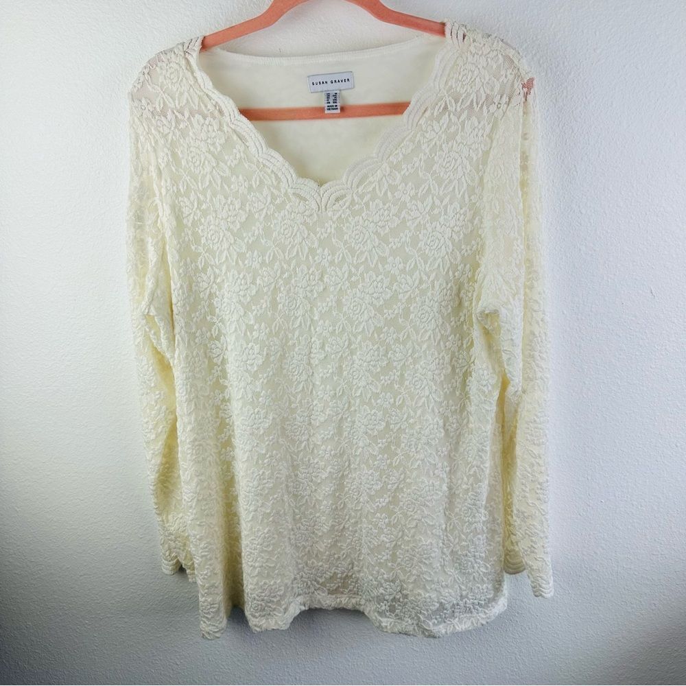 Susan Graver‎ Womens Shirt 1X Floral Lace Overlay Liner Long Sleeve